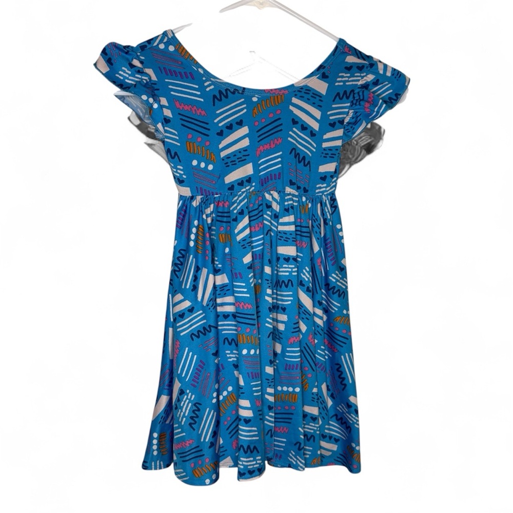 Dot Dot Smile Blue White Geometric Pattern Flutter Sleeved Dress Girls Size 3/4